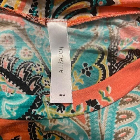 HoneyMe Orange/Green/Black Paisley 3/4 sleeves print tunic, size M - Picture 4 of 4